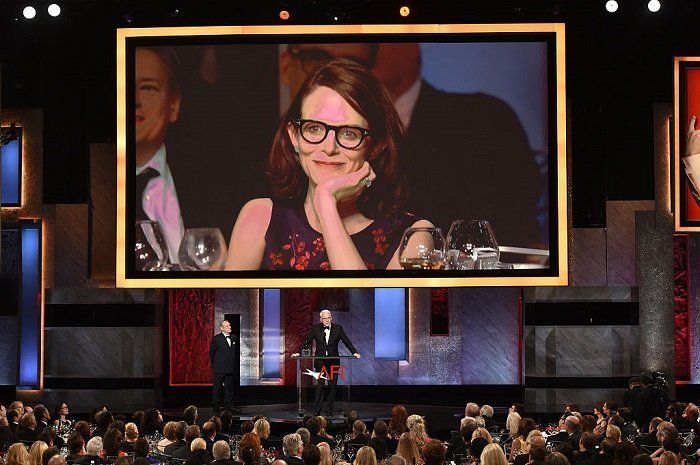 Anne Stringfield on the screen while Steve Martin accepts the AFI Life Achievement Award at the Dolby Theatre on June 4, 2015 in Hollywood, California | Source: Getty Images
